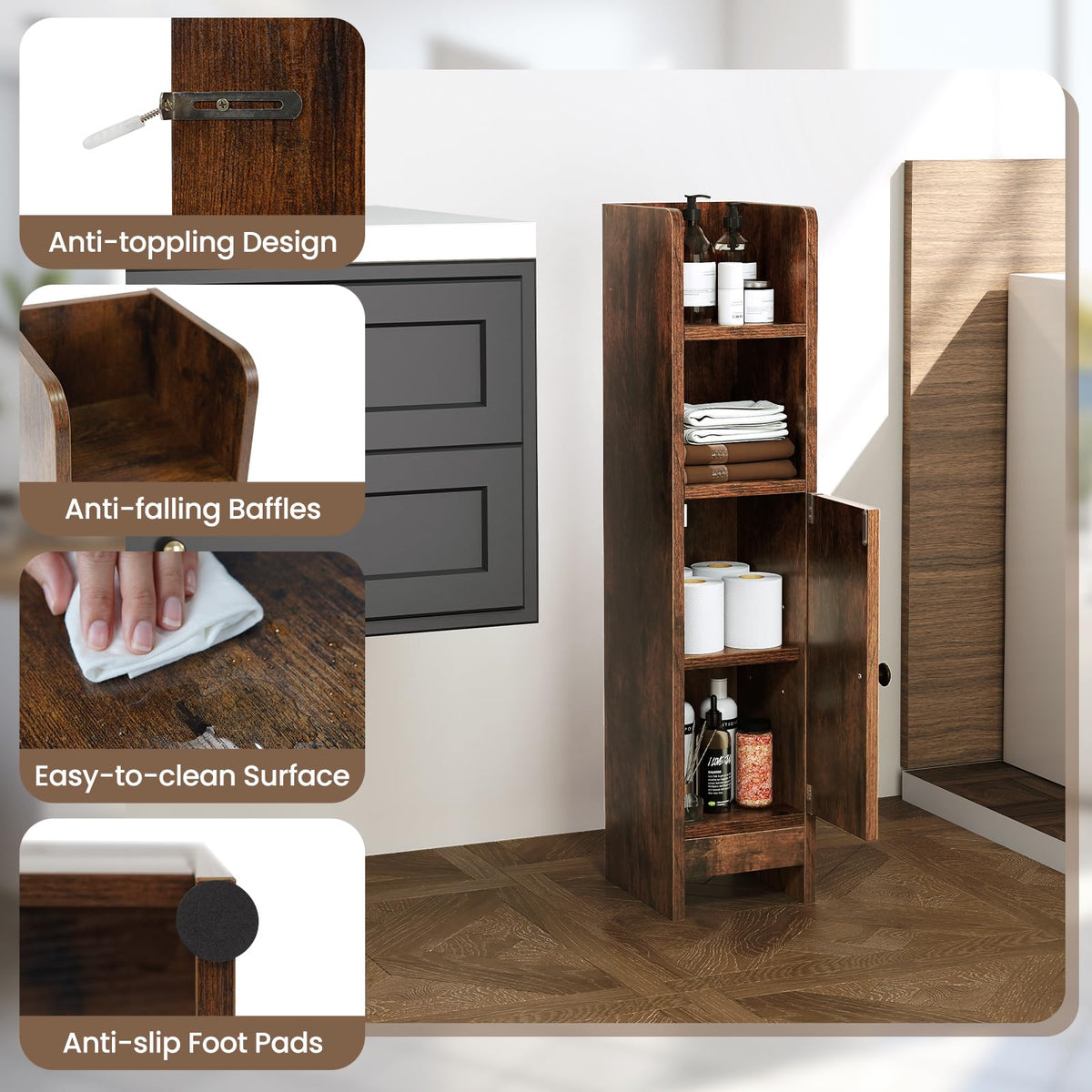 Goflame Slim Bathroom Cabinet with 3 Level Adjustable Shelf & Anti toppling Design