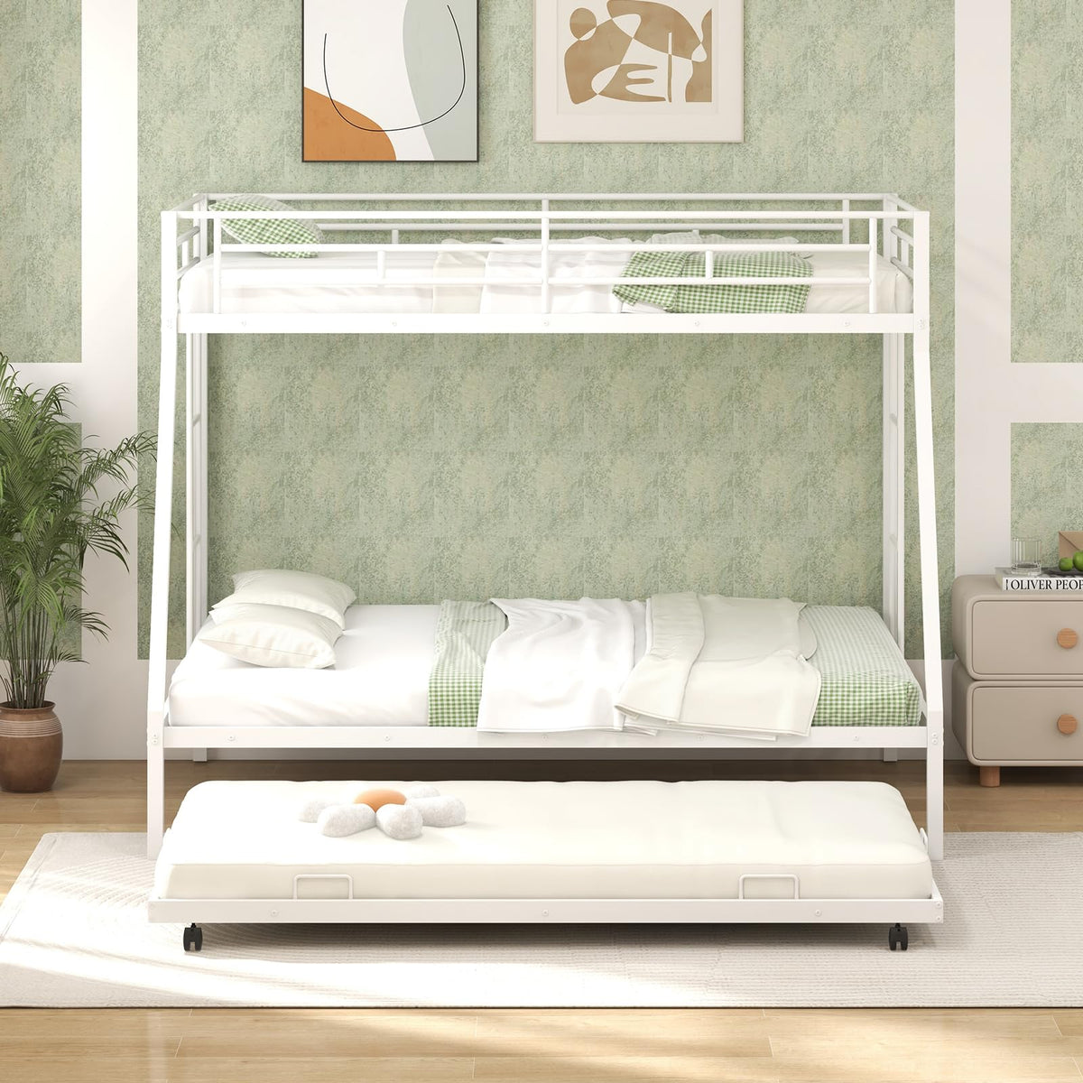 Goflame Twin Over Full Bunk Bed with Trundle, Heavy-Duty Metal Triple Bunk Beds