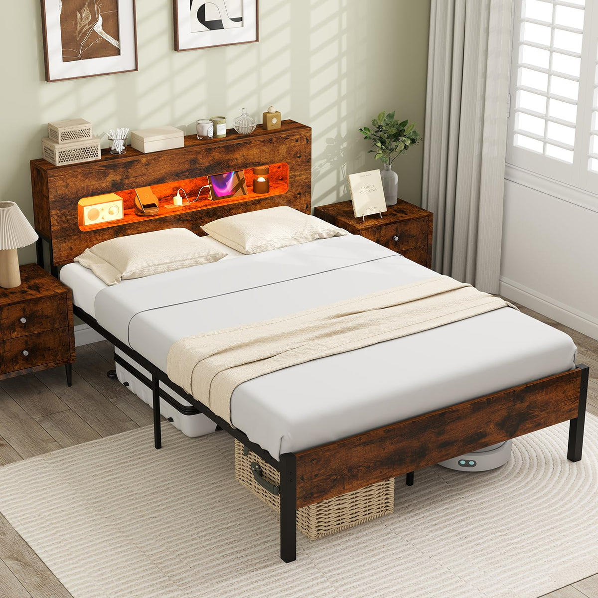 Goflame Full Size Bed Frame with LED Lights & Charging Station