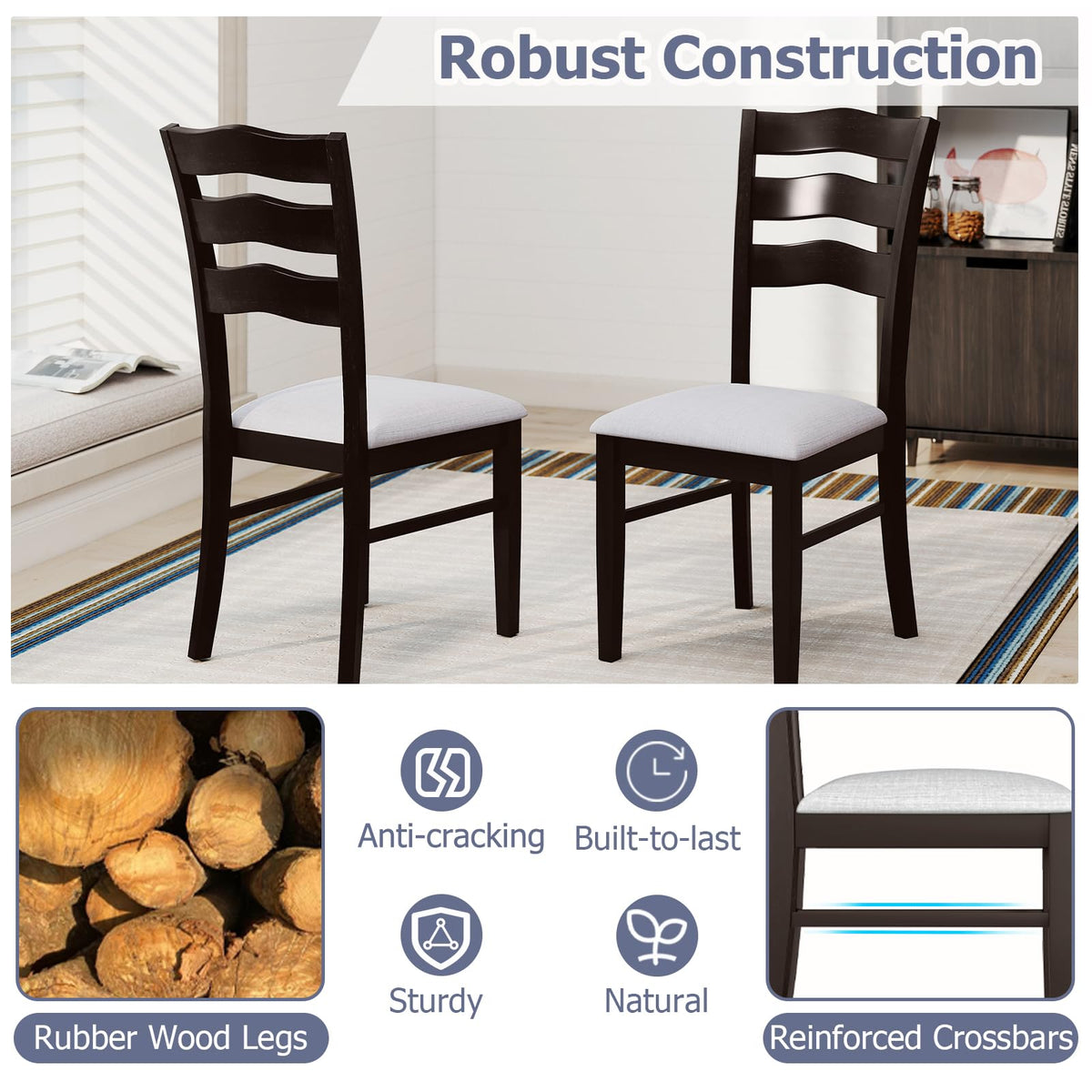 Goflame Wooden Dining Chairs Set of 2/4 with Rubber Wood Legs Fabric Padded Seat Wavy Ladder Back
