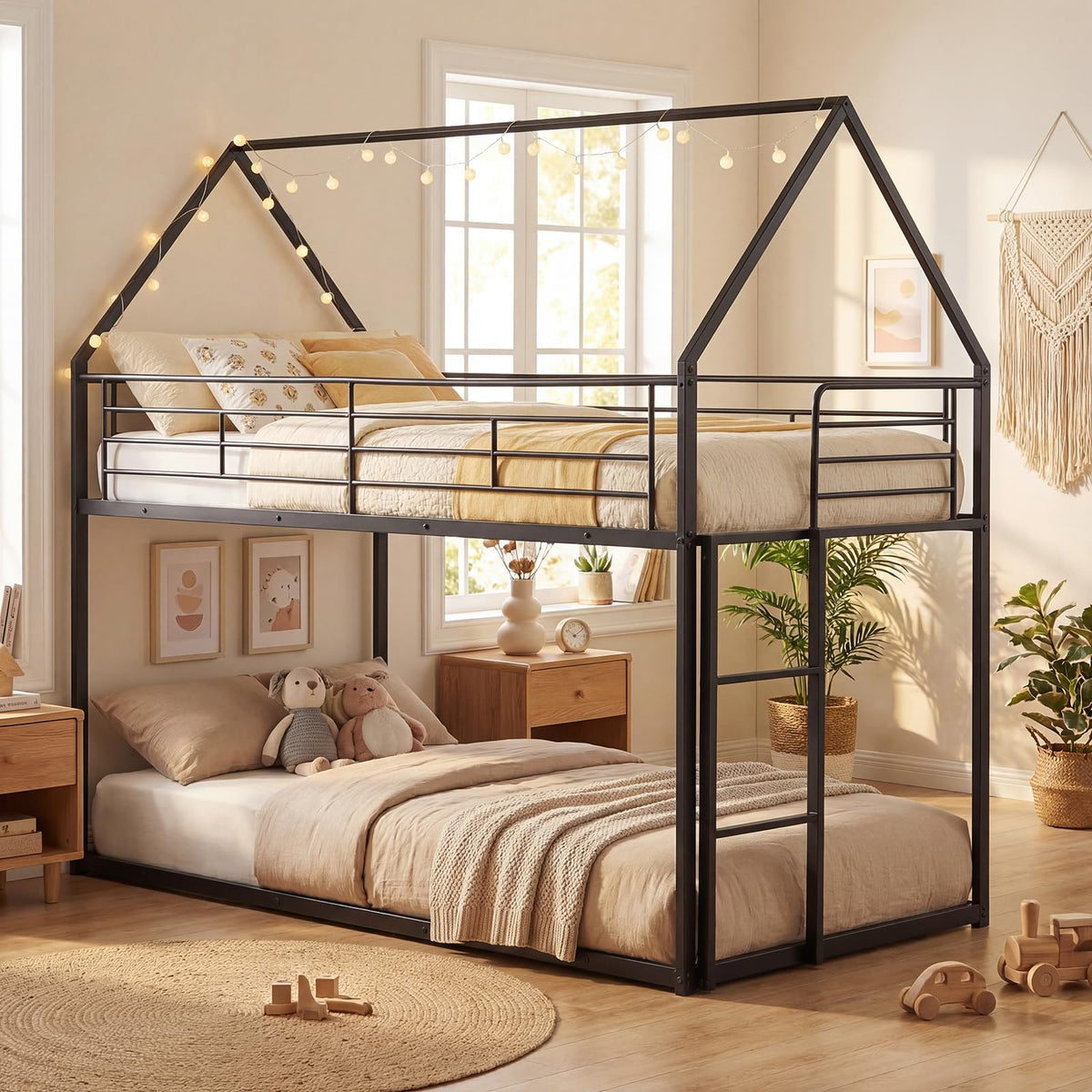 Goflame House-Shaped Twin Over Twin Metal Bunk Bed