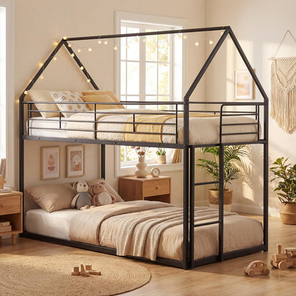 Goflame House-Shaped Twin Over Twin Metal Bunk Bed