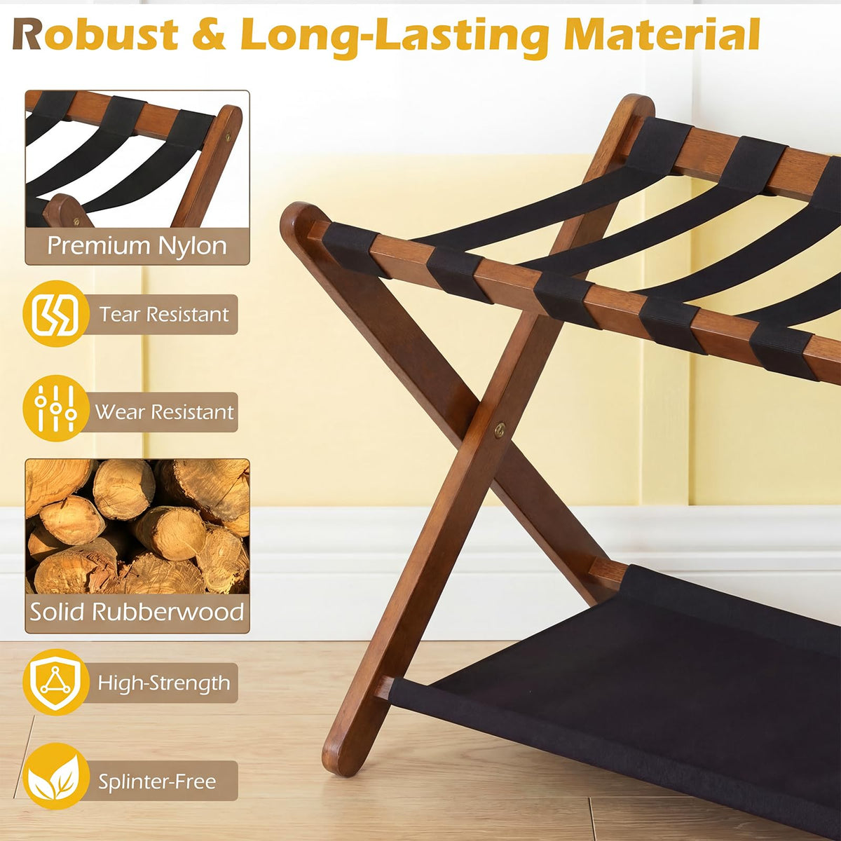 Goflame Folding Luggage Rack | Solid Rubber Wood Suitcase Stand with Storage Shelves
