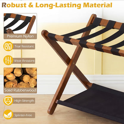 Goflame Folding Luggage Rack | Solid Rubber Wood Suitcase Stand with Storage Shelves