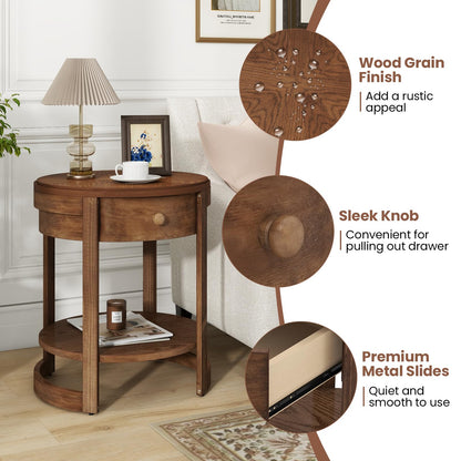 Goflame Round Side Tables Set of 1/2 | 2-Tier Retro End Tables with Drawer & Shelf