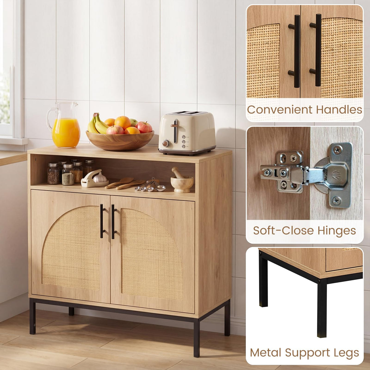 Goflame 32" Sideboard Buffet Cabinet with 2 Natural Rattan Decorated Doors (1/2)