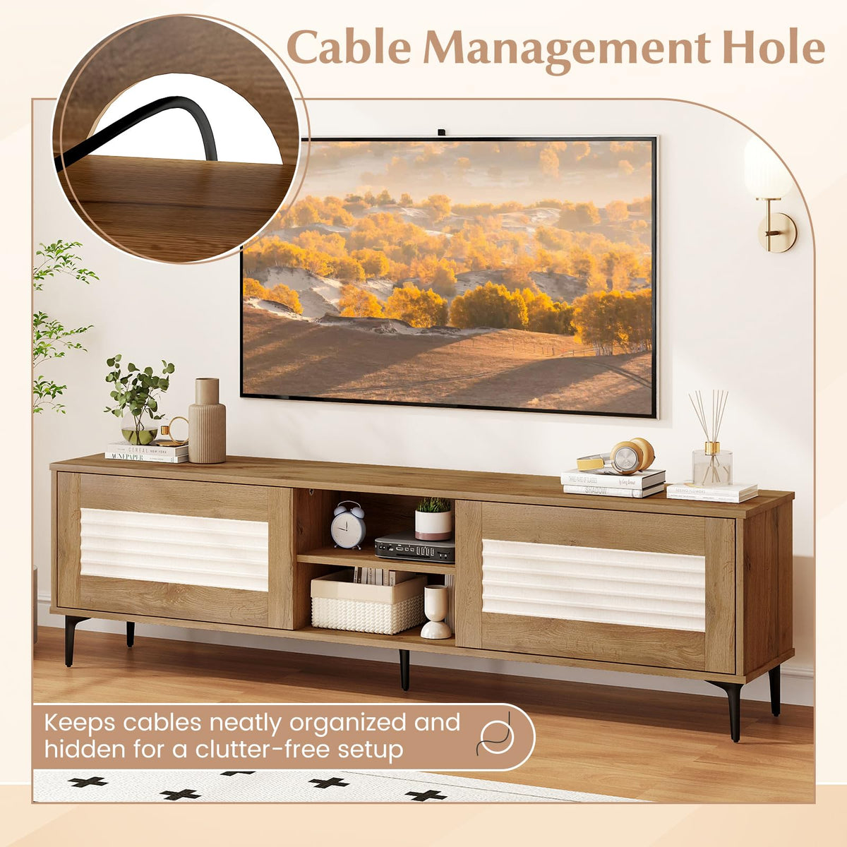 Goflame Mid Century Modern TV Stand for 55-65 Inch TV Waveform Fluted Entertainment Center