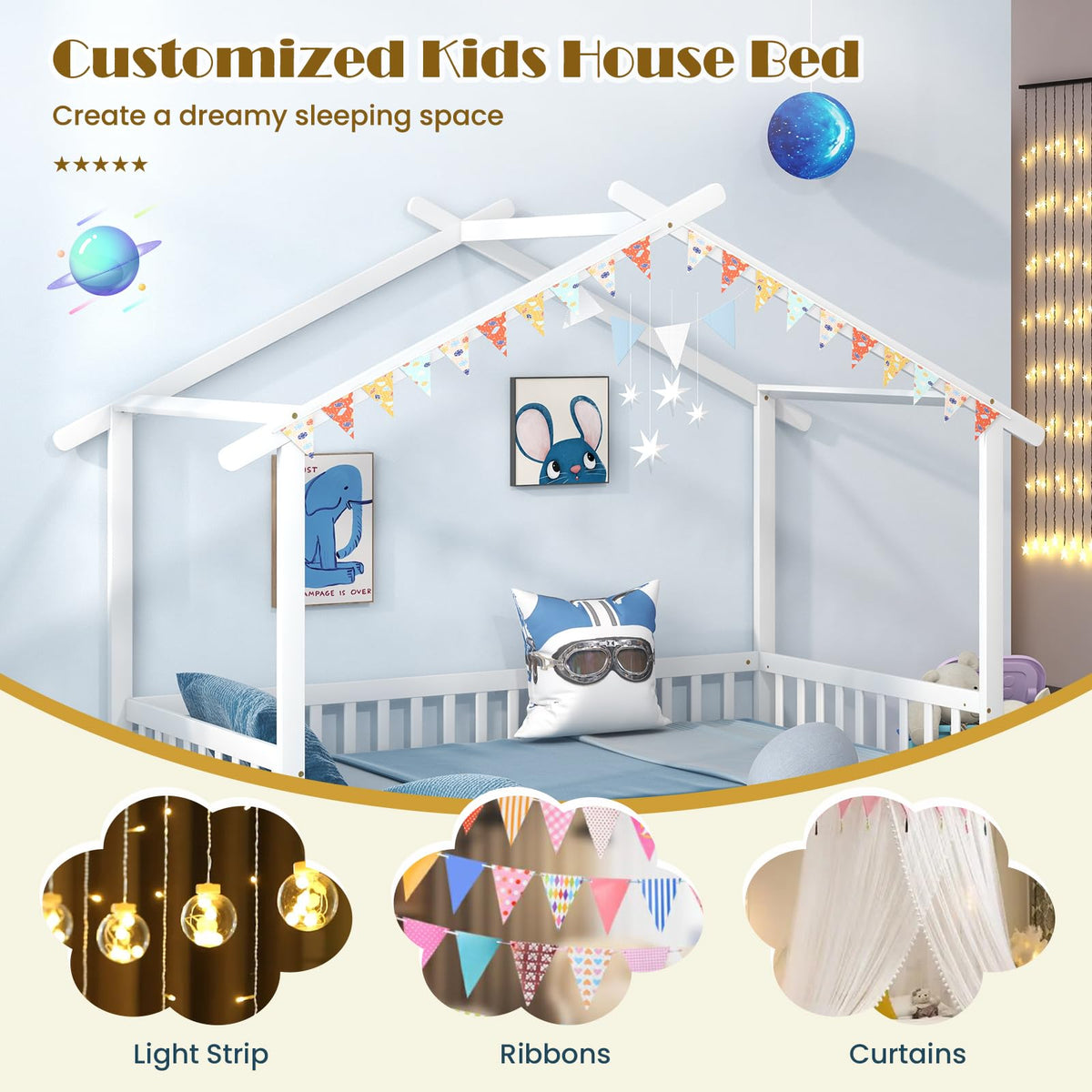 Goflame Extendable House Bed for Kids, Twin to King Daybed with Roof & Fence Rails, Wood Kids Bed Frame for Teens