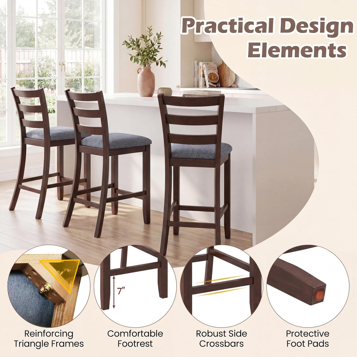 Goflame 26 Inch Farmhouse Upholstered Wooden Barstools with Footrest (2/4)
