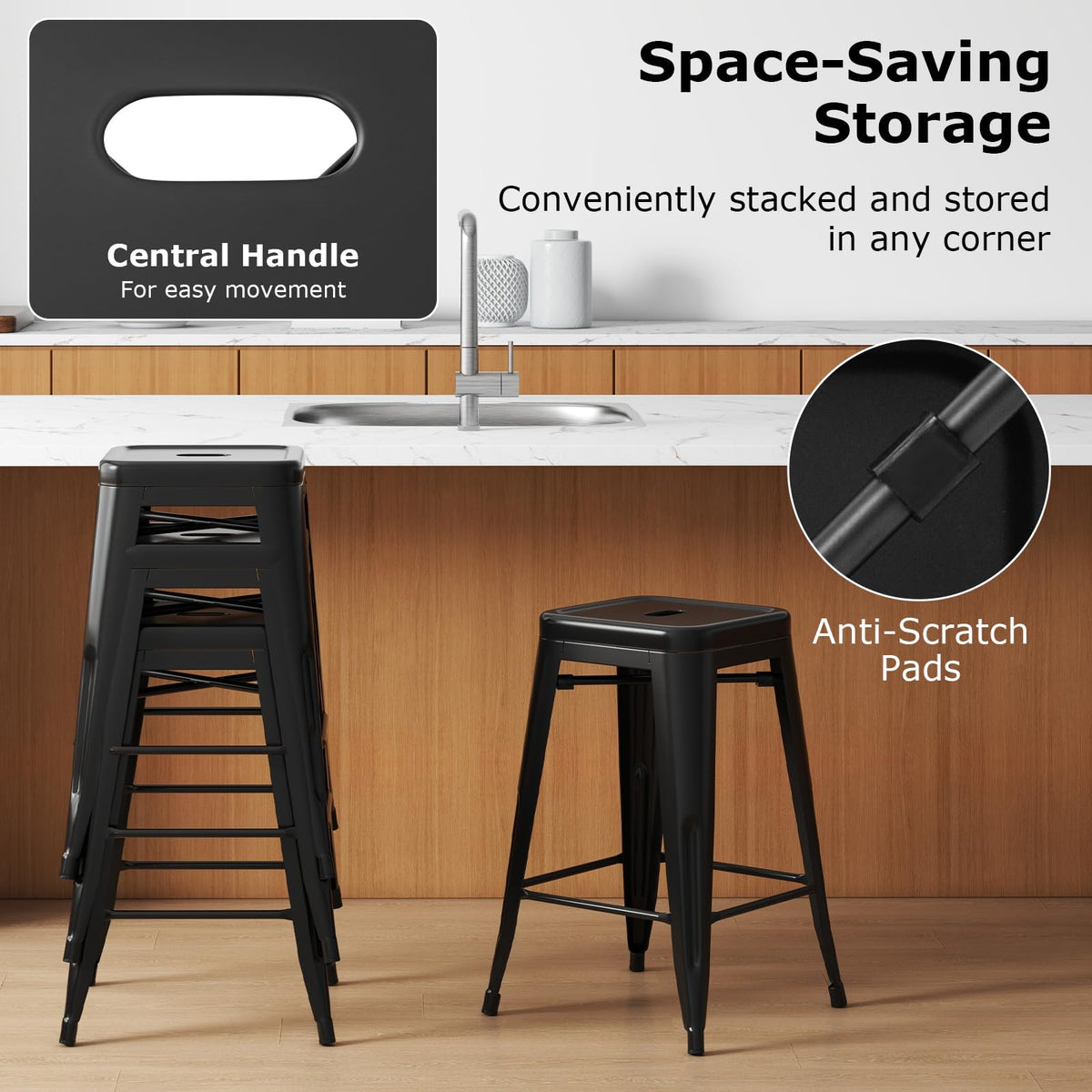 Goflame Metal Backless Bar Stools Set of 4, 24" Industrial Counter Height Bar Stools w/Cut-Out Handle, Footrest