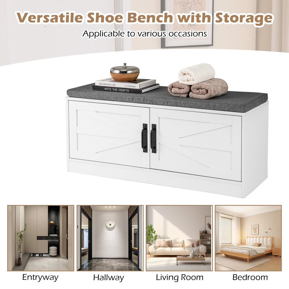 Goflame Shoe Storage Bench with Cushion, 2-Tier Entryway Bench w/2 Barn Doors & 2 Adjustable Shelves