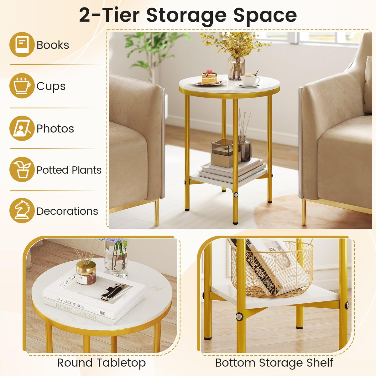 Goflame Round Side Table 2-Tier Faux Marble Sofa Side Coffee Table w/Gold Frame & Open Shelf