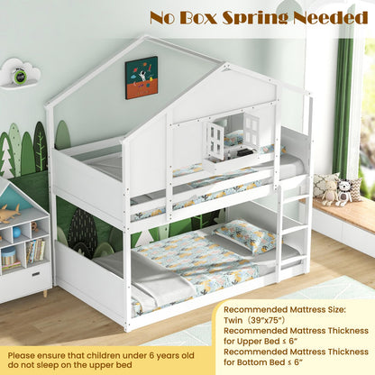 Goflame Bunk Bed Twin Over Twin, Wood House Bed for Kids with Roof, Window Door, White