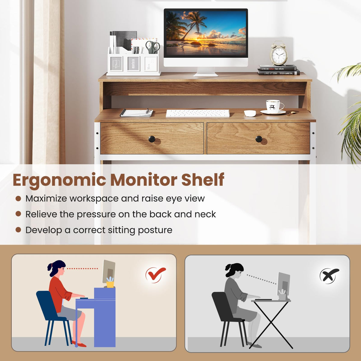 Goflame Small Computer Desk with Hutch & Drawers