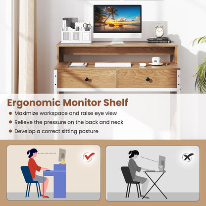 Goflame Small Computer Desk with Hutch & Drawers