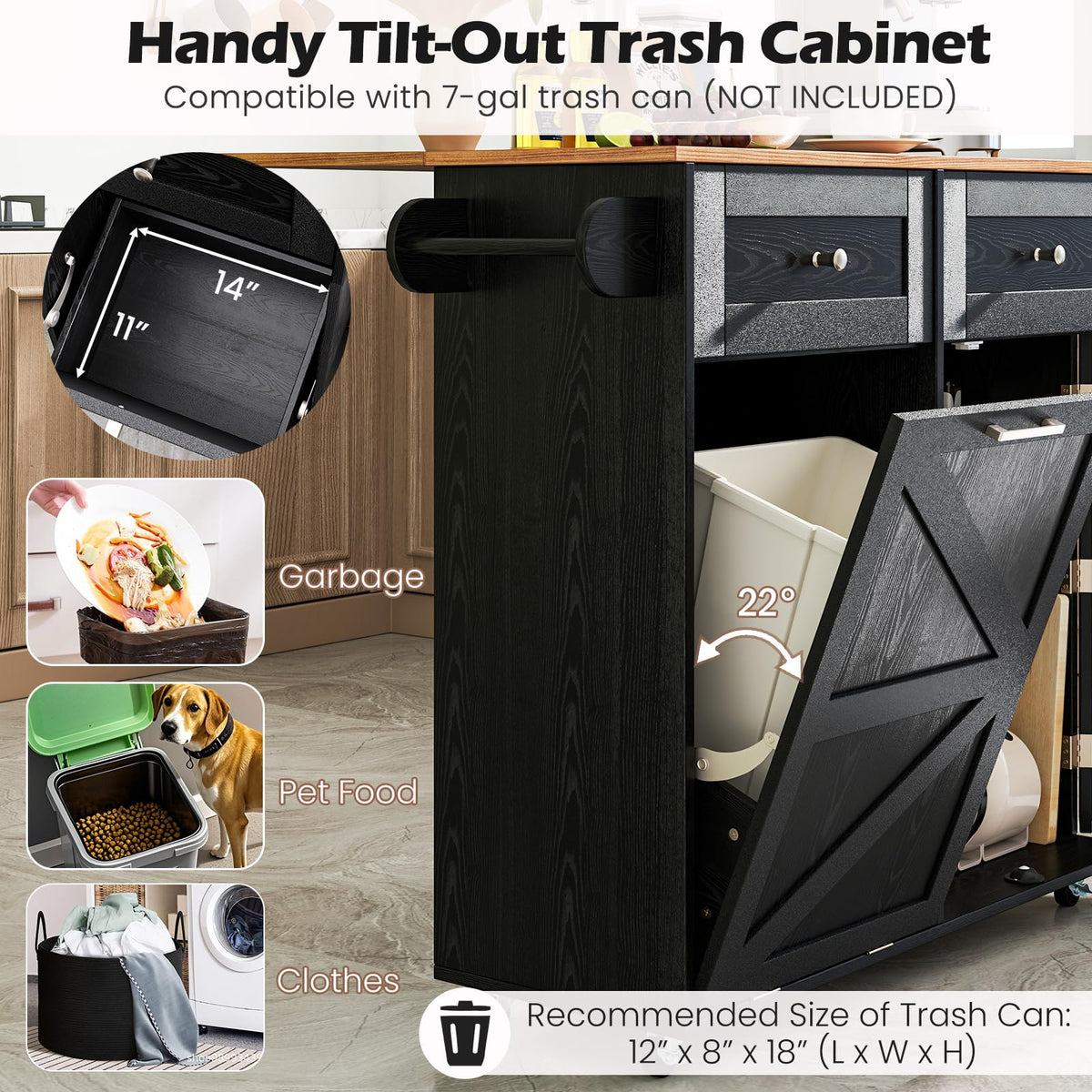 Goflame Kitchen Island Cart with Hidden Tilt Out Trash Can Cabinet, Drop Leaf, 2 Drawers, Towel Rack