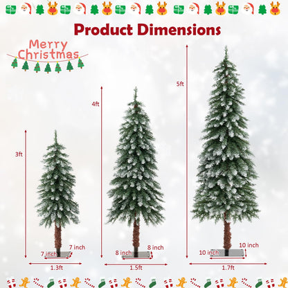 Goflame 3' 4' 5' Pre-Lit Artificial Christmas Tree Set, Slim Pencil Xmas Trees with Snowy Leaves