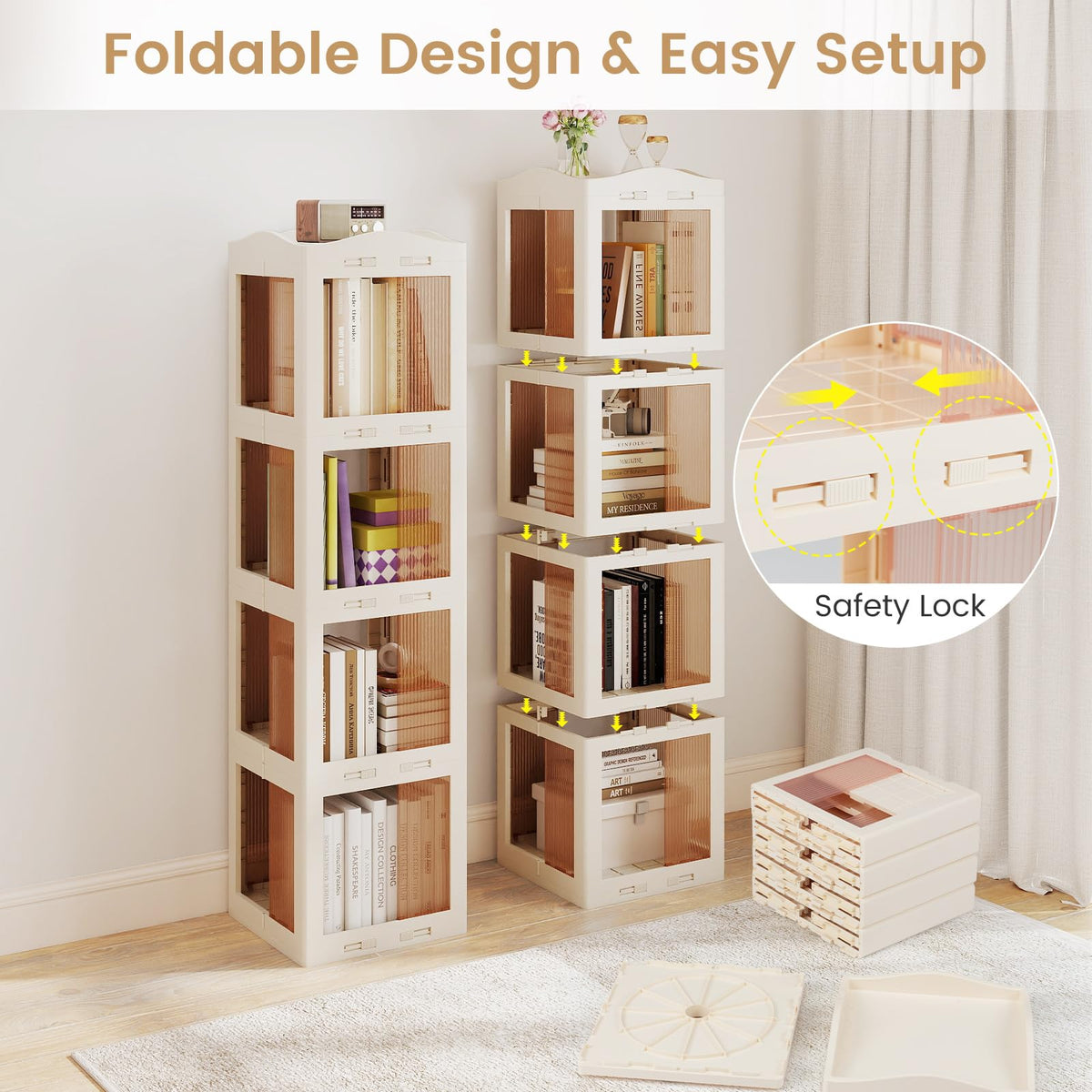 Goflame 4-Tier Spinning Bookcase w/Swivel Base | Translucent Storage Organizer for Living Room