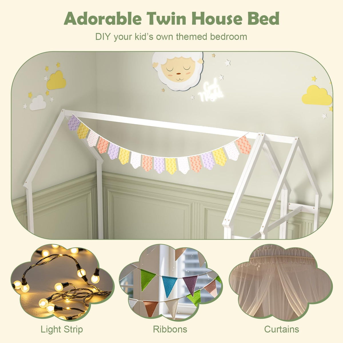 Goflame Twin House Floor Bed, Solid Wood Montessori Floor Bed with Detachable Storage Shelf & Clothes Hanger