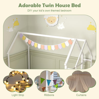 Goflame Twin House Floor Bed, Solid Wood Montessori Floor Bed with Detachable Storage Shelf & Clothes Hanger