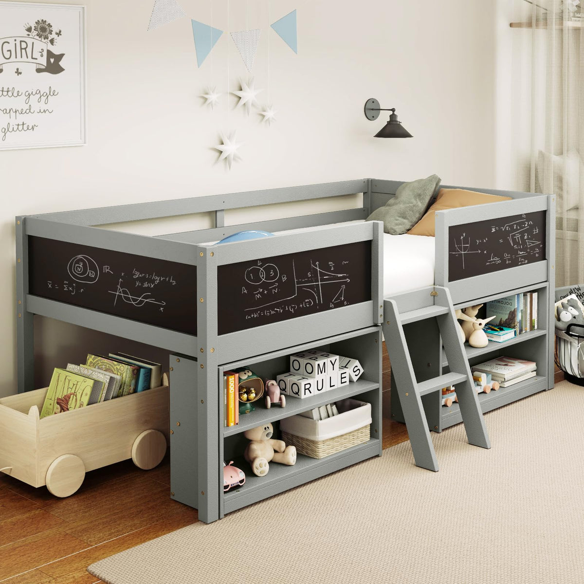 Goflame Low Loft Bed Twin Size, Wooden Loft Bed with Ladder & Blackboard