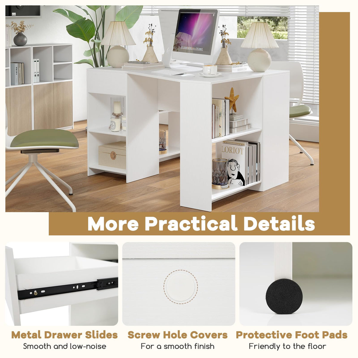 Goflame White Desk with Drawer 48 Inch Corner Desk
