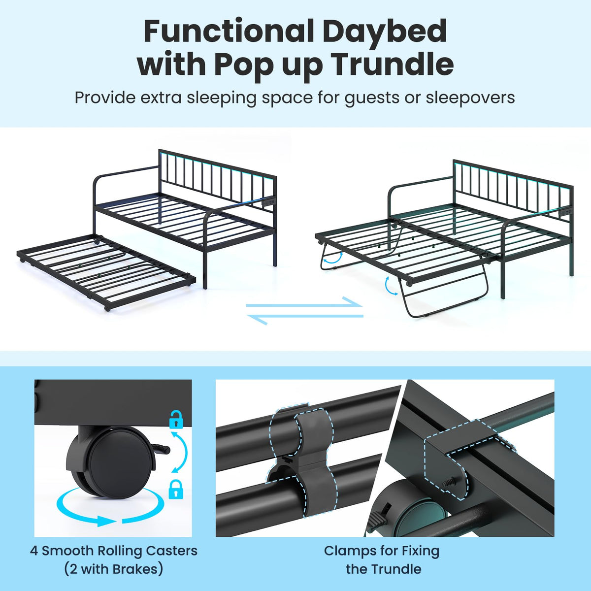 Goflame Twin Daybed with Trundle, Metal Day Bed with Charging Station & LED Lights