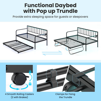 Goflame Twin Daybed with Trundle, Metal Day Bed with Charging Station & LED Lights