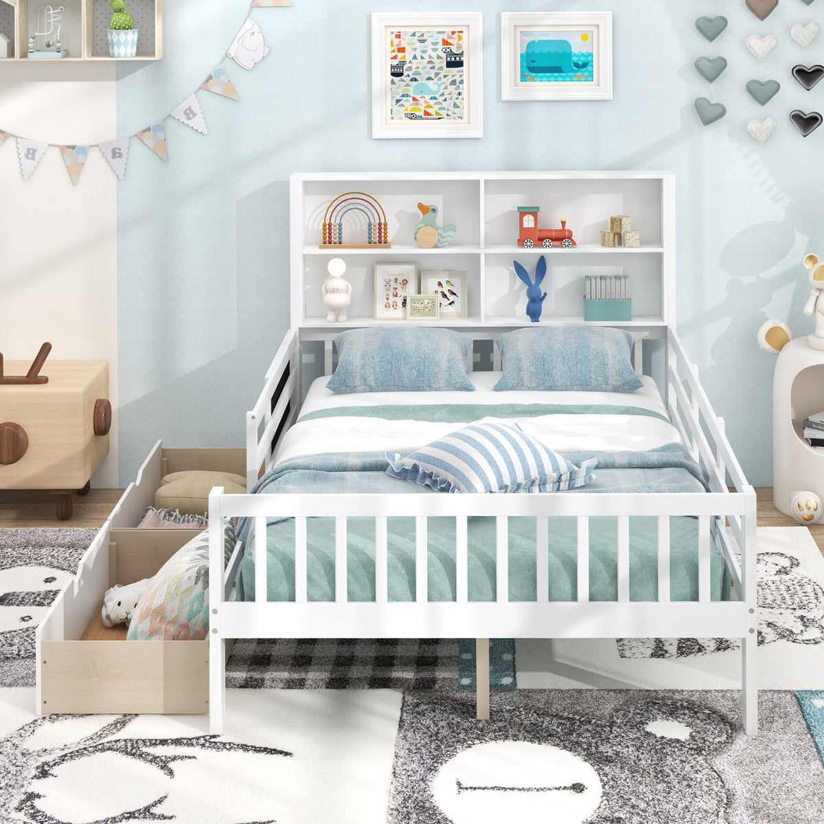 Goflame Full/Twin Size 2 Storage Drawers, Solid Wood Kids Bed Frame w/Bookcase Headboard & Blackboard