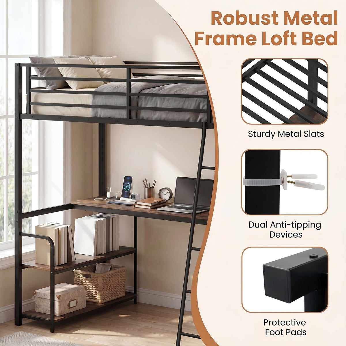 Goflame Twin Loft Bed with Desk & Charging Station
