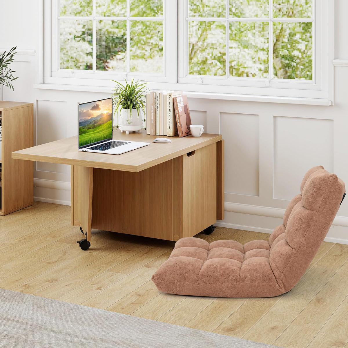 Goflame Folding Coffee Table 48 Inch Drop Leaf Extendable Center Table with Storage Cabinet & Wheels