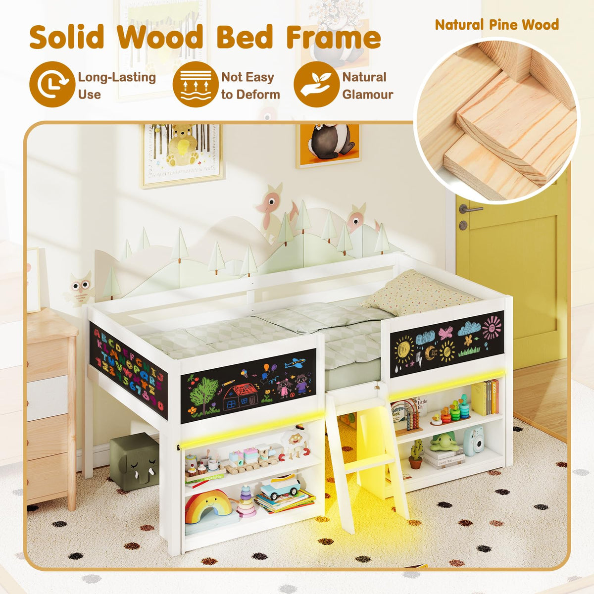 Goflame Low Loft Bed with Storage 2 Bookcases and Play Space