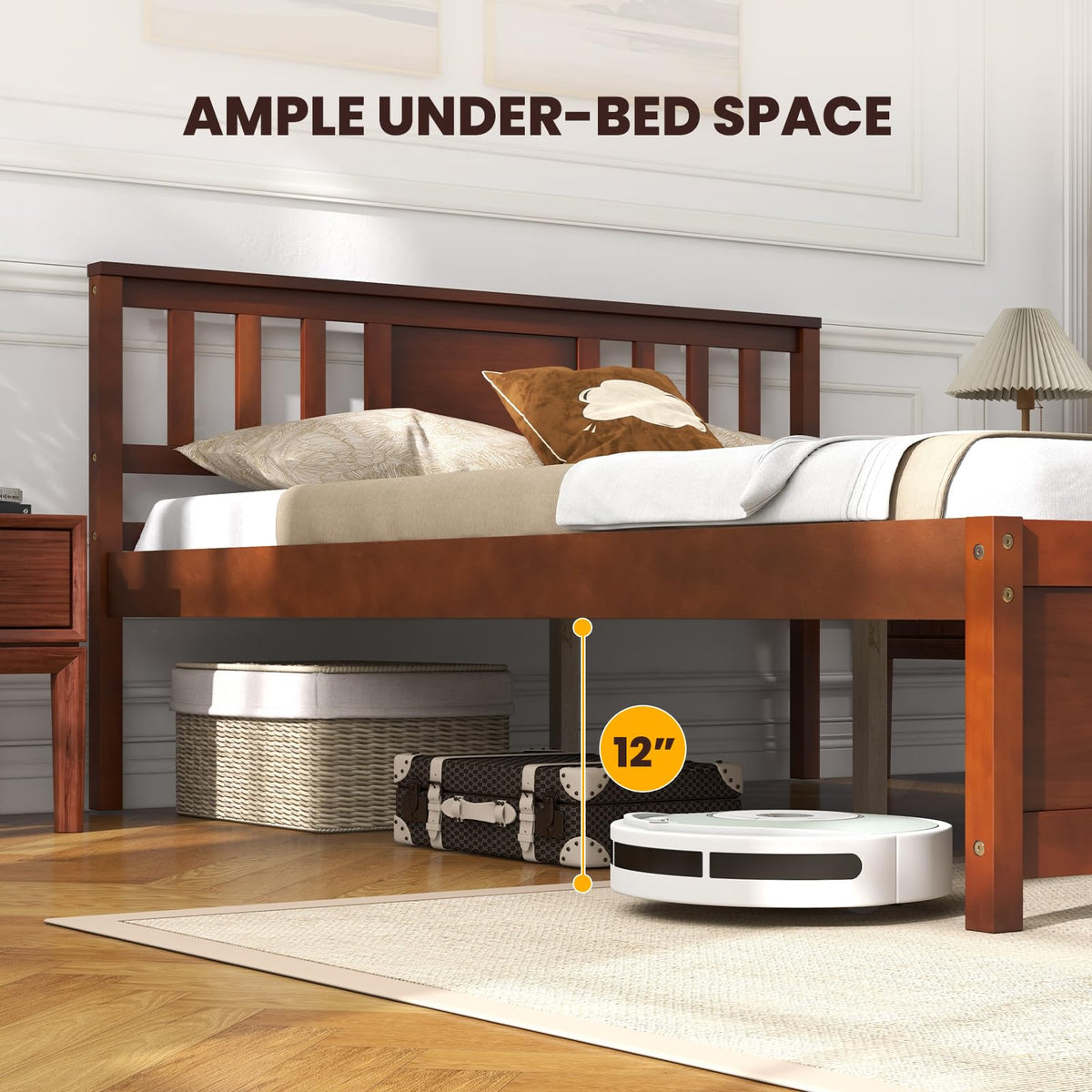 Goflame Solid Wood Platform Bed Frame, Mid Century Full Bed Frame with Headboard