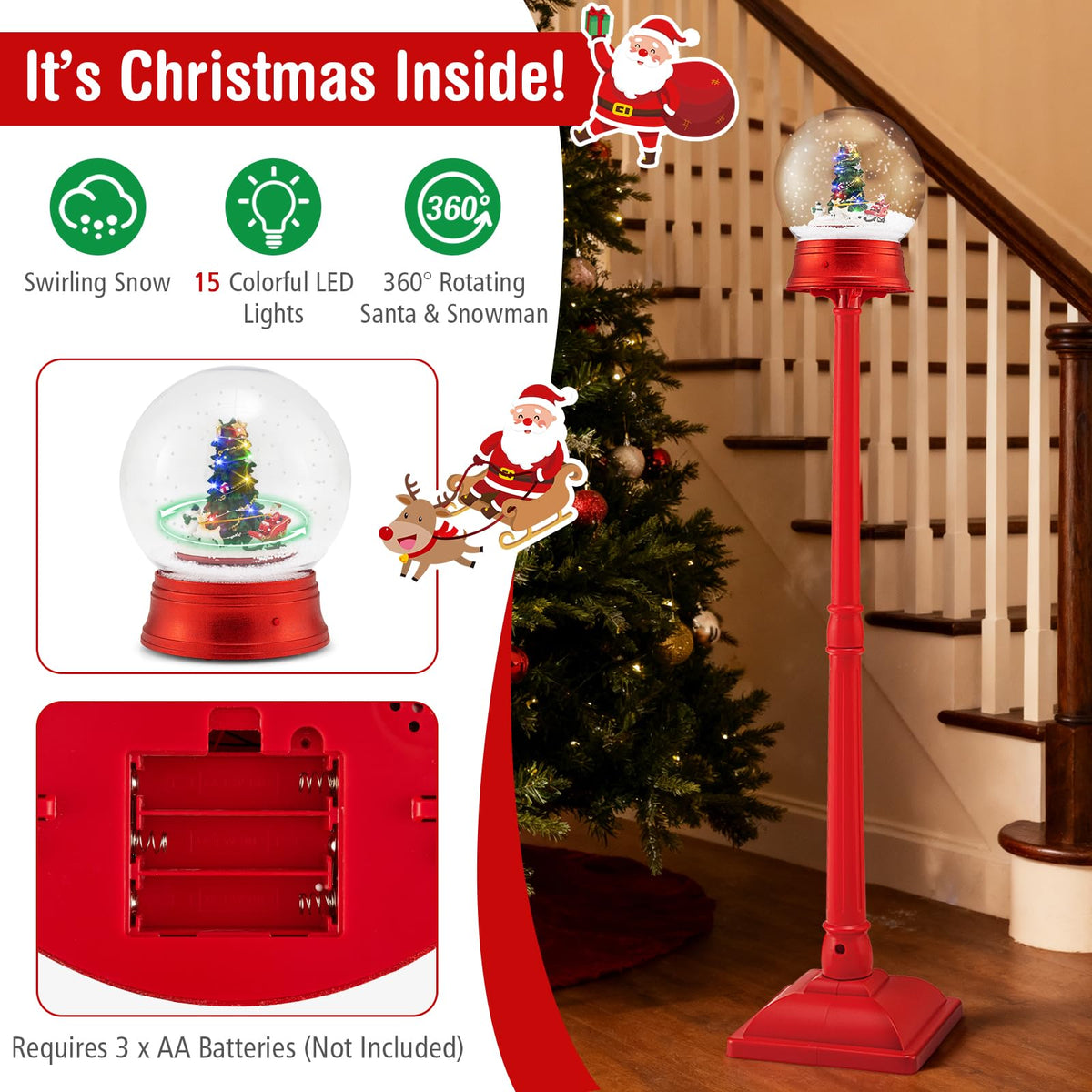Goflame 5 Ft Christmas Snow Globe Lantern | Musical Snowy Globe Street Lamp