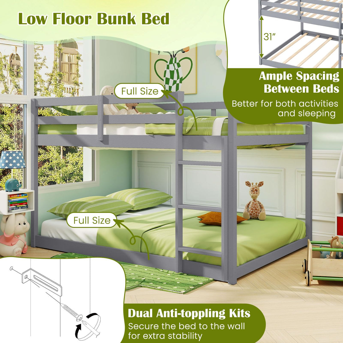Goflame Full Over Full Bunk Bed Solid Wood Kids Bunk Bed with Full-Length Guardrails