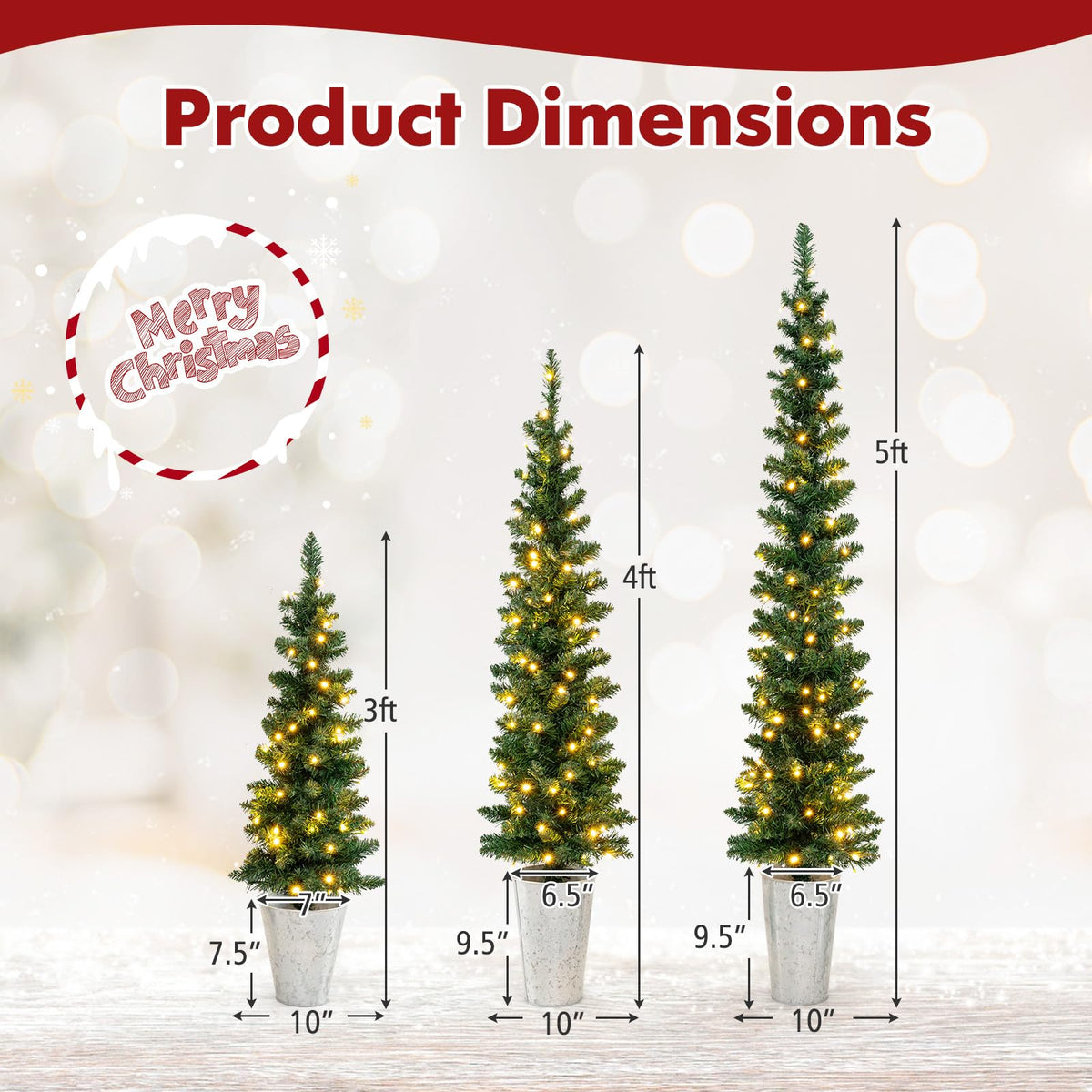 Goflame 3' 4' 5' Pre-Lit Artificial Christmas Tree Set of 3, Slim Pencil Potted Xmas Tree with 423 Branch Tips, 230 Warm White LED Lights