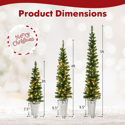 Goflame 3' 4' 5' Pre-Lit Artificial Christmas Tree Set of 3, Slim Pencil Potted Xmas Tree with 423 Branch Tips, 230 Warm White LED Lights