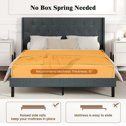 Goflame Queen Size Upholstered Bed Frame Linen Fabric Platform Bed with Button Tufted Wingback Headboard