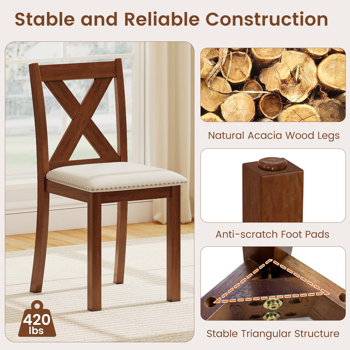 Goflame Wooden Dining Chair Set of 2/4 with Padded Seat and Curved Back