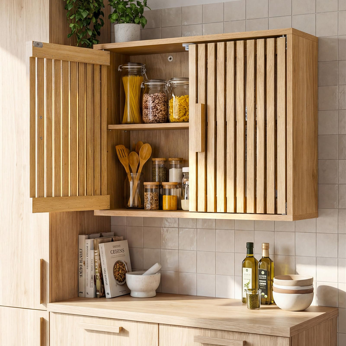 Goflame Wall Mounted Wooden Medicine Cabinet with 2 Slatted Doors
