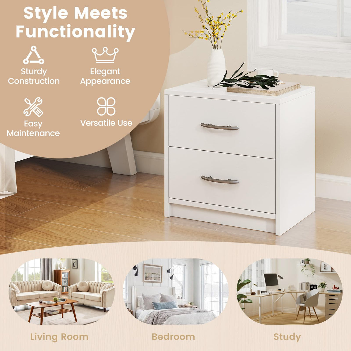 Goflame Nightstand with 2 Drawers, Modern Night Stand with Storage Drawers, Compact Floor Sofa Side Table for Small Spaces