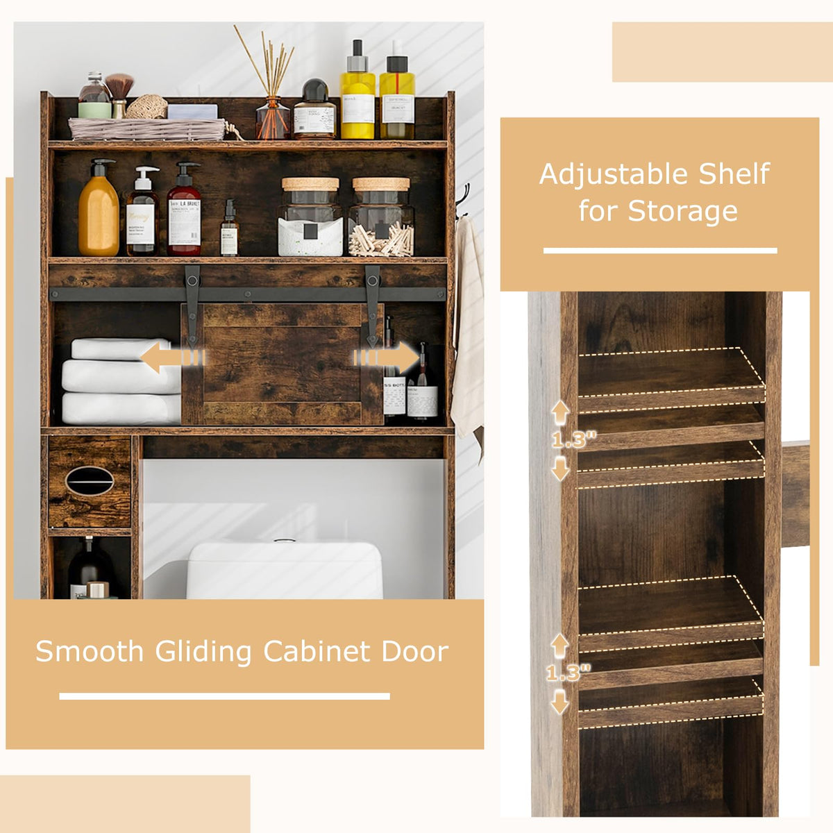 Goflame Over The Toilet Storage Cabinet, 6-Tier Freestanding above Toilet Rack with Gliding Door