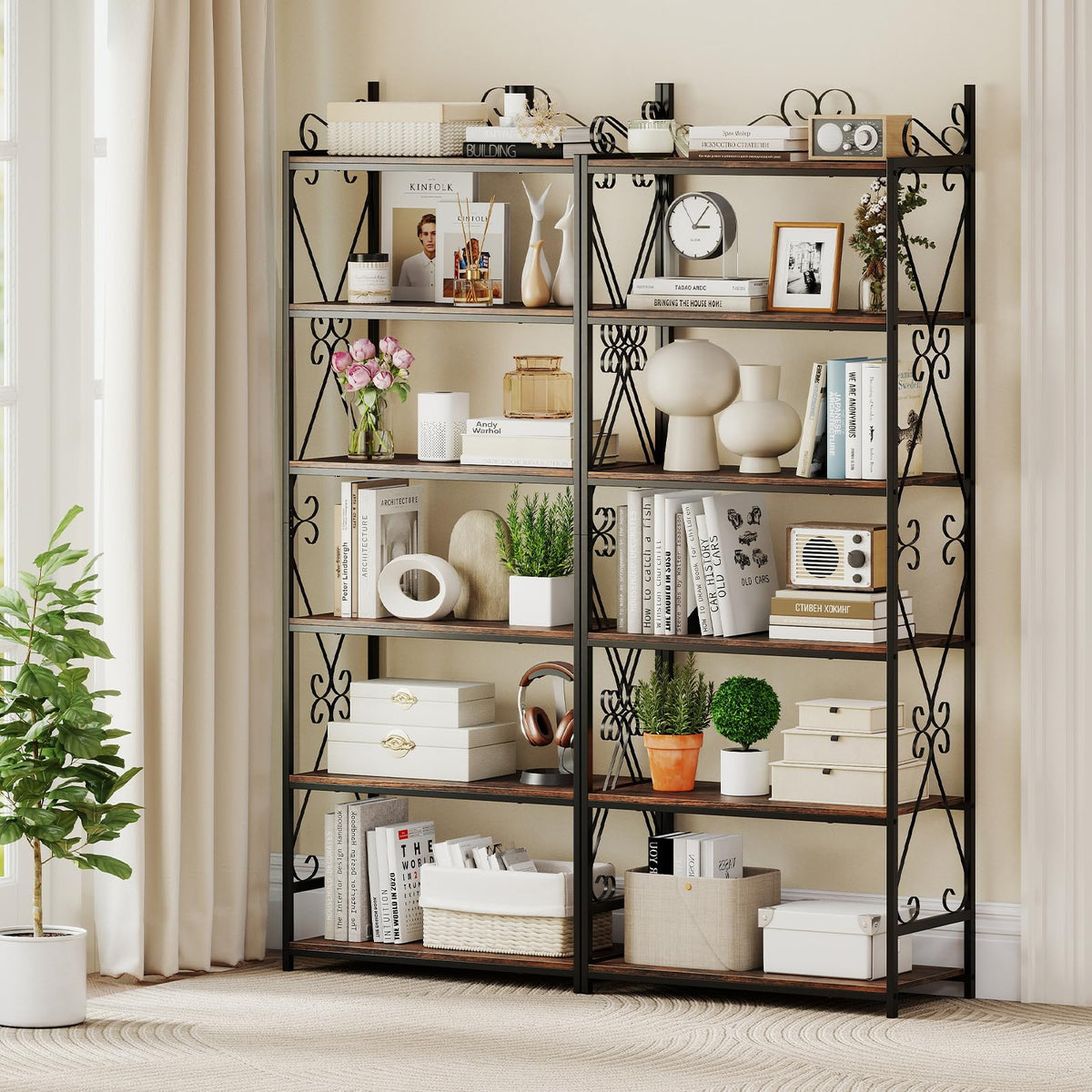 Goflame 6-Tier Bookshelf Industrial Bookcase with 2 Anti-Tipping Kits and Metal Frame