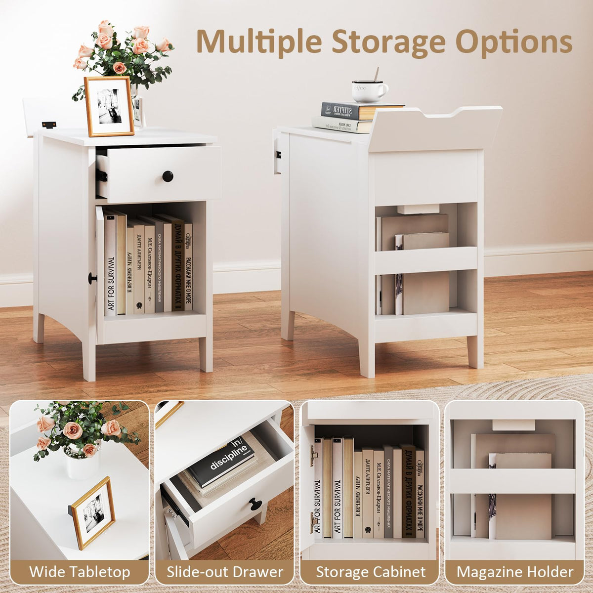 Goflame Nightstand with Charging Station, Flip Top End Table w/USB Ports & Outlets, Modern Side Table w/Storage Drawer