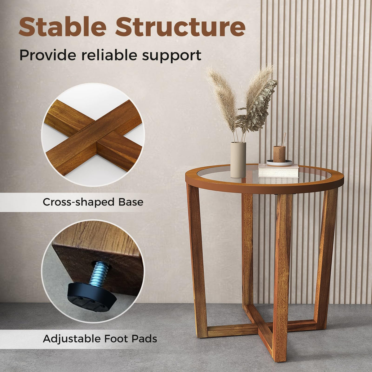 Goflame Glass Round End Table, Sofa Side Table with Transparent Tempered Glass Top