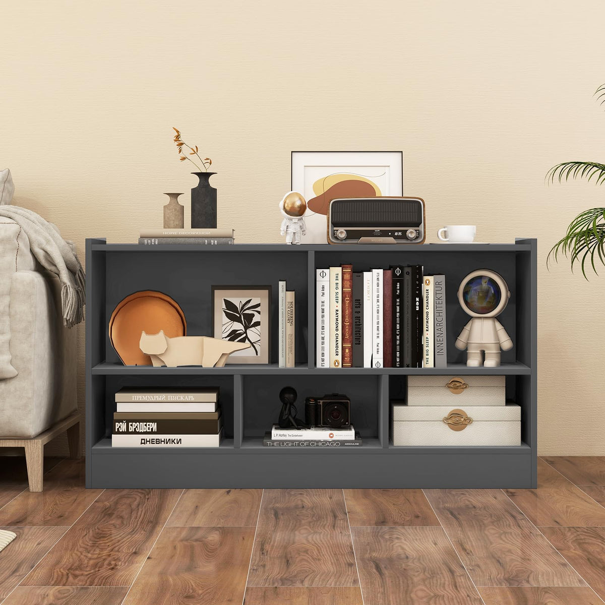 Goflame 5-Cube Bookcase, Freestanding 3-Tier Bookshelf with Spacious Top & Raised Base