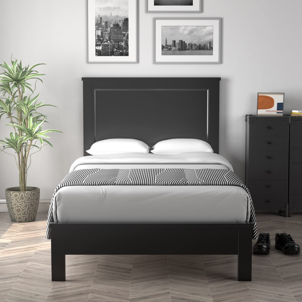 Queen/Full/Twin Size Platform Bed w/ Rubber Wood Legs & Integrated Headboard | Wooden Bed Frame