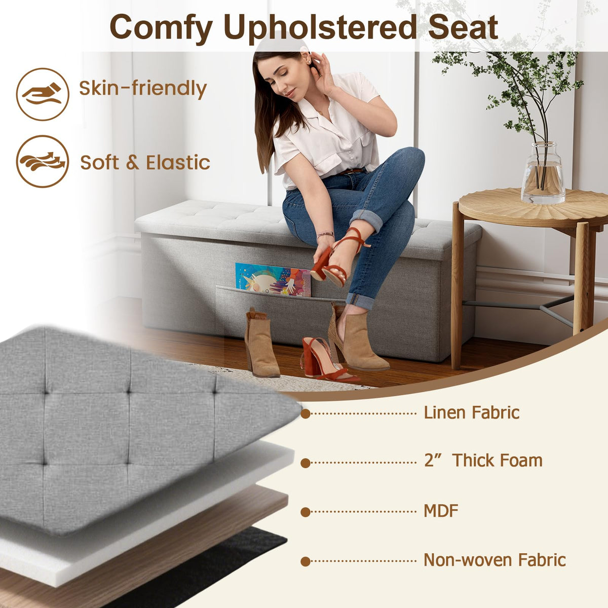 Goflame 43 Inches Folding Storage Ottoman Bench Upholstered Storage Chest with Side Pocket