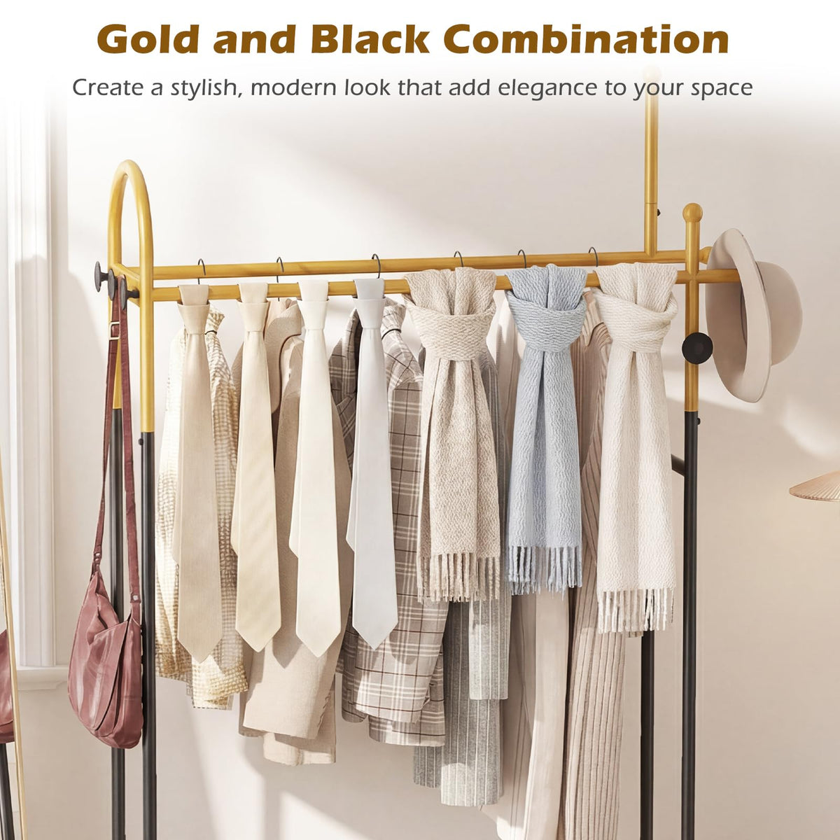 Goflame Double Rod Freestanding Clothes Rack with 5 Coat Hooks