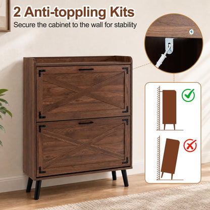 Goflame Freestanding Slim Farmhouse Shoe Storage Cabinet with 2 Flip Drawers